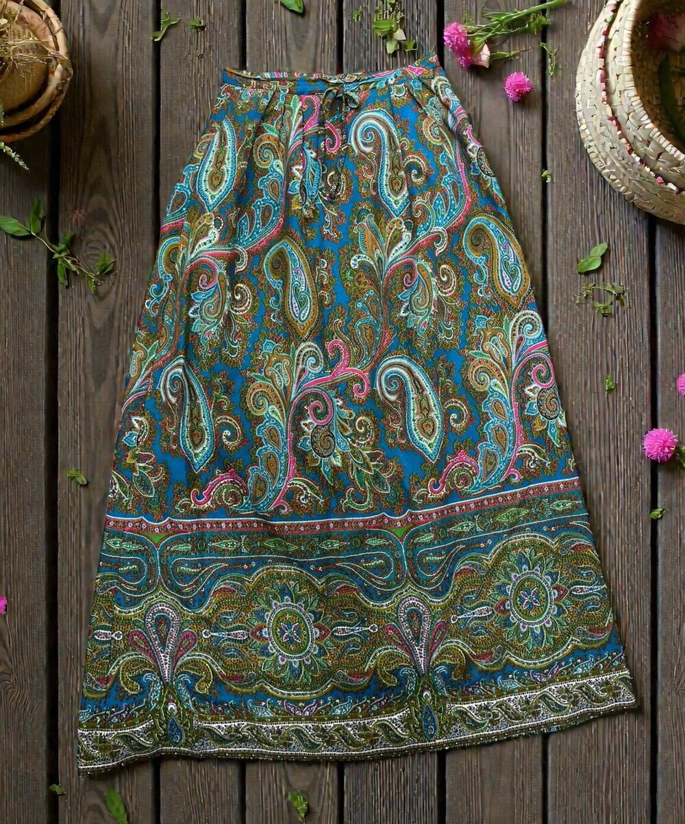 Vintage Alex Colman Skirt Boho Paisley Maxi Long Blue green magenta